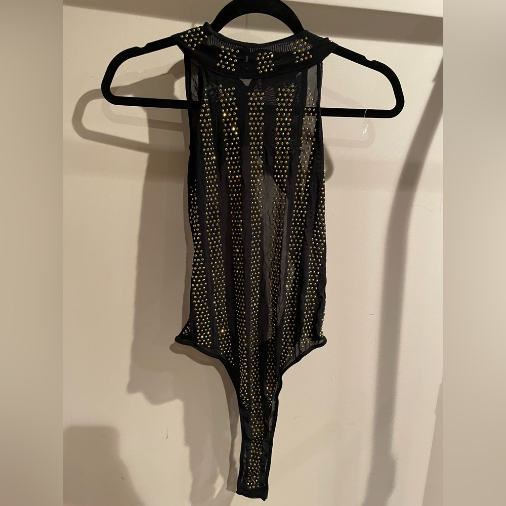 ASOS Sexy Gold Crystal Stud Mesh Black Halter Neck Backless Bodysuit